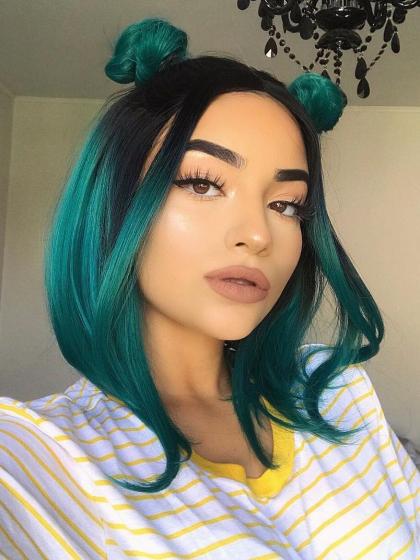 欧美女士假发时尚墨绿色中分bobo短直发内扣波波头短发染色化纤发