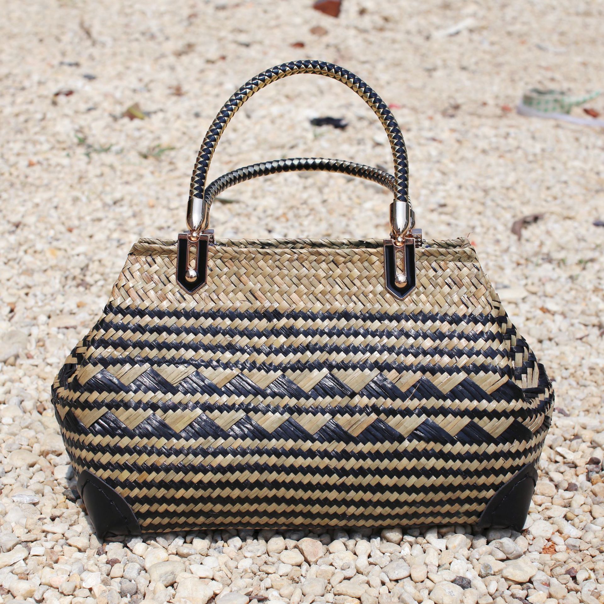 民族风草编包手工藤草编织女包度假沙滩包黑格条纹日韩风外贸批发