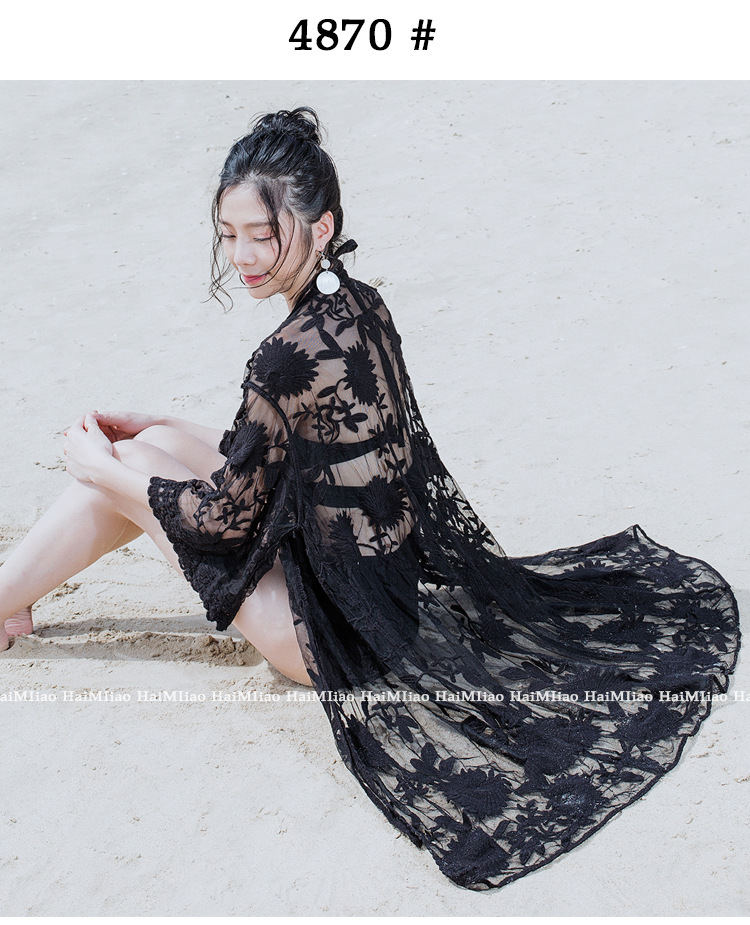 沙滩海边度假泳衣外罩衫比基尼外套女外搭性感镂空蕾丝黑色开衫