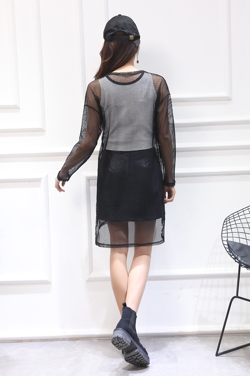 2018夏新款ol气质连衣裙透视网格打底衫女长袖薄款镂空渔网上衣