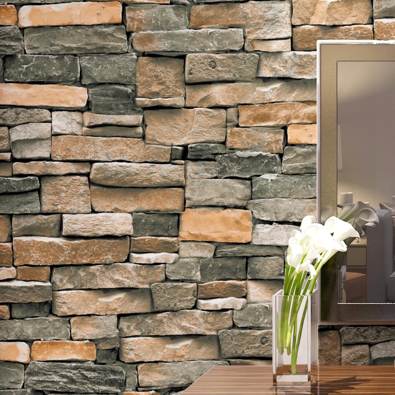 仿真3d砖块墙纸立体 特色中式砖石头文化石 电视背景墙壁纸岩石纹