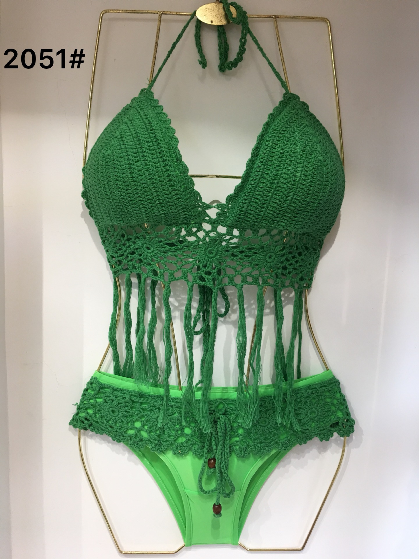 2019爆款欧美比基尼女士性感手钩流苏分体泳衣针织沙滩泳衣套装