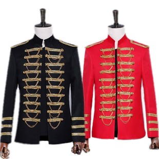 主持人男礼服黑色宫廷大帅立领西装演出服歌手肩章镶钻舞台表演装