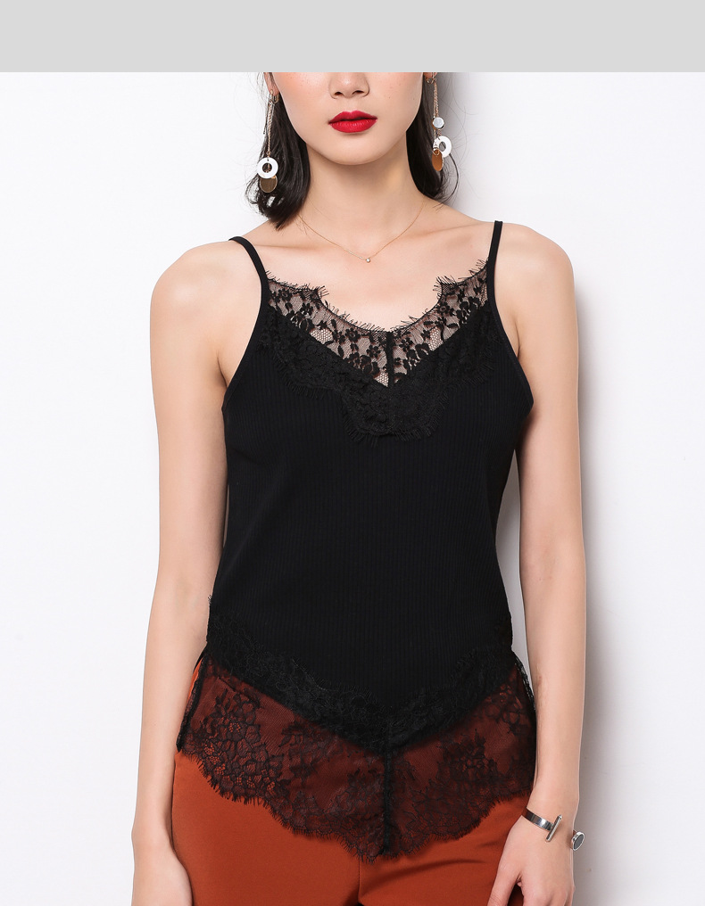 蕾丝拼接吊带背心女外穿夏内搭宽松打底短款性感v领螺纹上衣1818