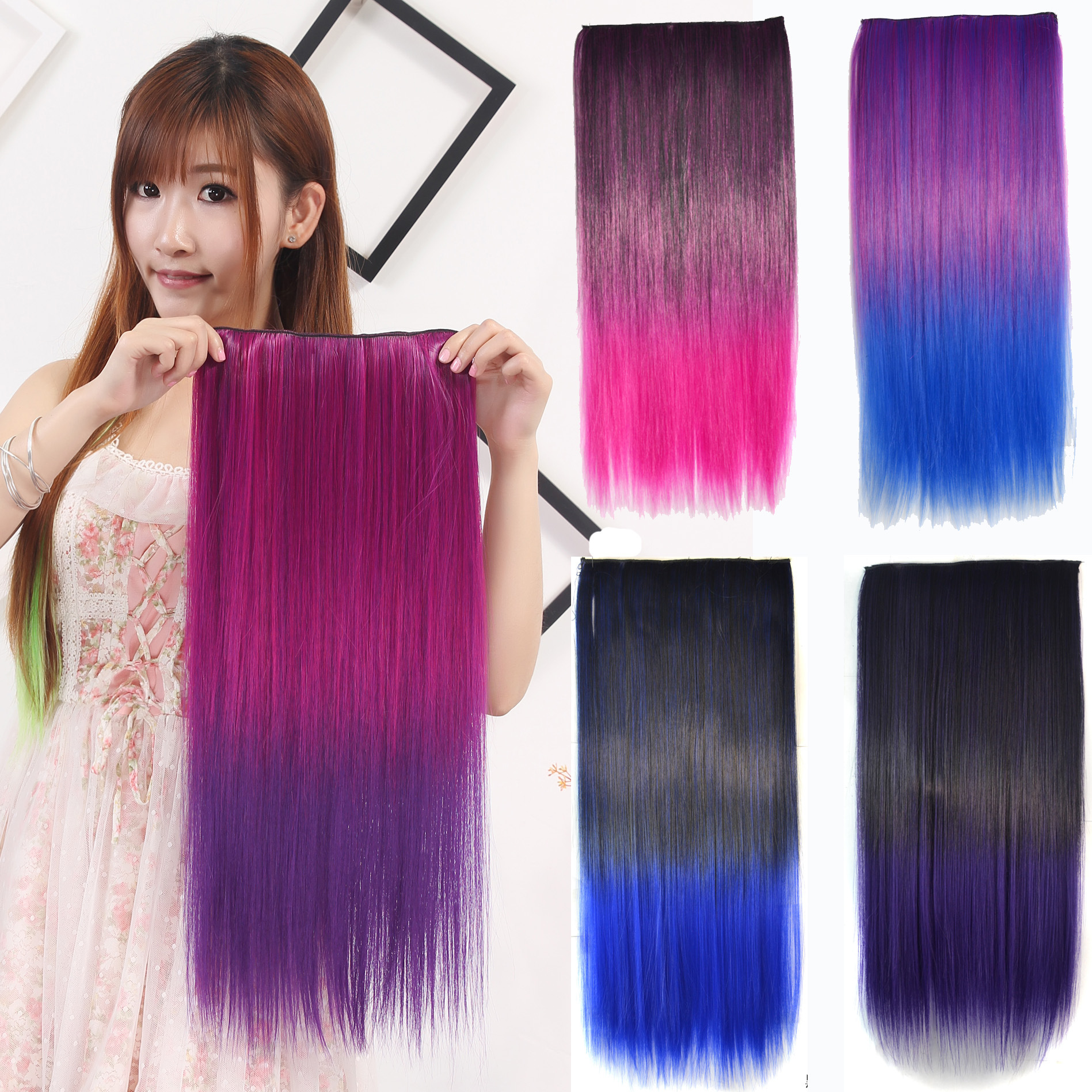 wig set color gradient five card wig set long straight hair one piece hair extension hairpiece clip hair extension