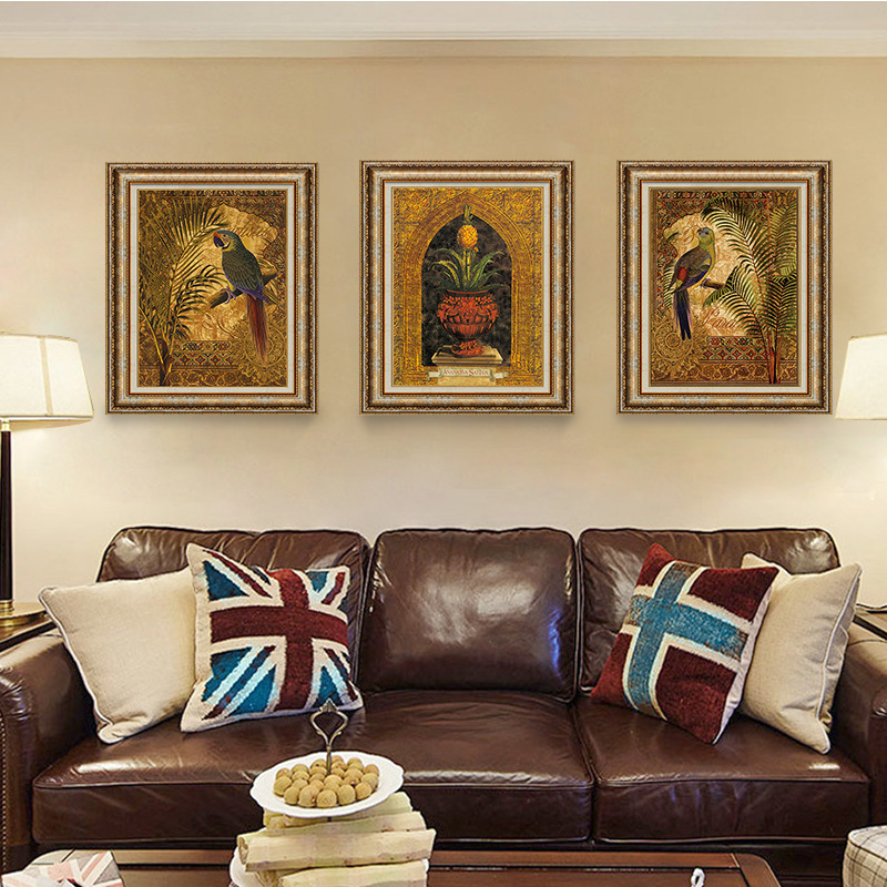 美式挂画简欧风格客厅装饰画沙发背景墙卧室玄关温馨花鸟三联壁画