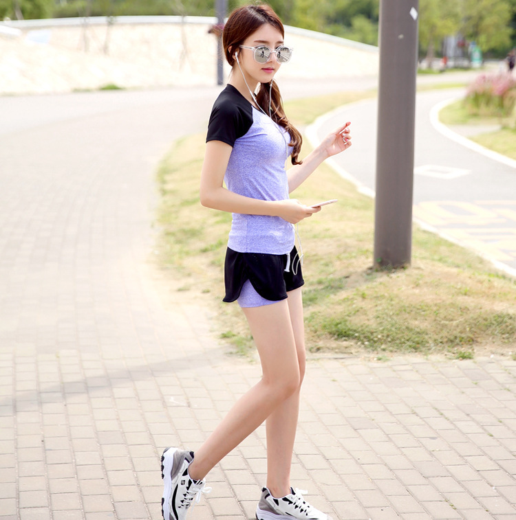 夏季健身运动服两件套装女士速干跑步显瘦瑜伽服短袖假两件短衣裤