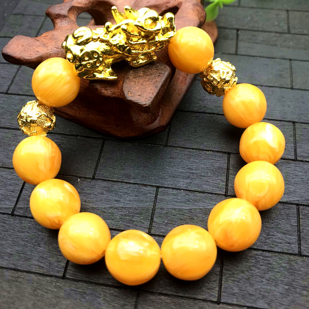 二代蜜蜡手链 沙金貔貅老蜡新蜡圆珠手链 荧光琥珀二代情侣手链