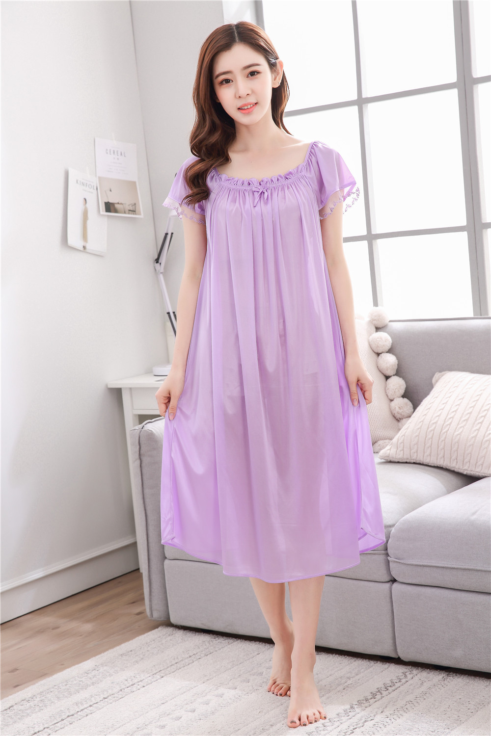 夏季加大加肥性感女士冰丝中长款睡裙批发 短袖中年女士家居睡裙