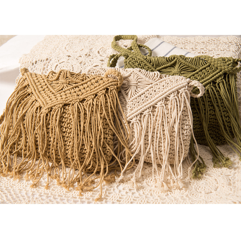 New Simple Tassel Crossbody Straw Bag Retro Shoulder Cotton Thread Woven Bag Summer Beach Bag