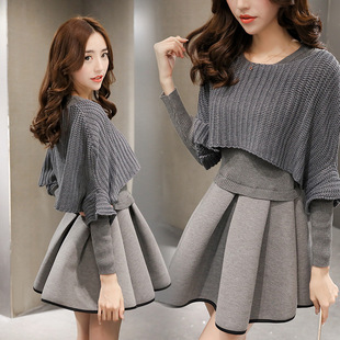 秋冬款2018新款两件套套装蓬蓬长袖针织冬季连衣裙毛衣女