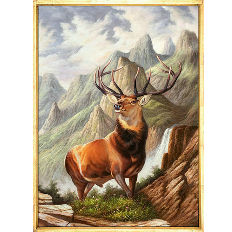 现代写实动物油画风水招财鹿装饰画厂家直销