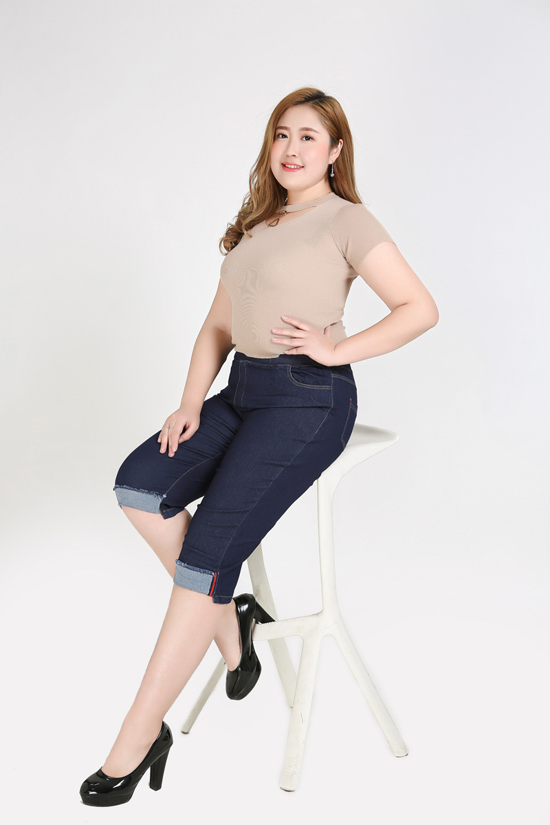 特大码牛仔裤女200斤七分裤加肥加大码女装休闲裤高腰弹力300女裤