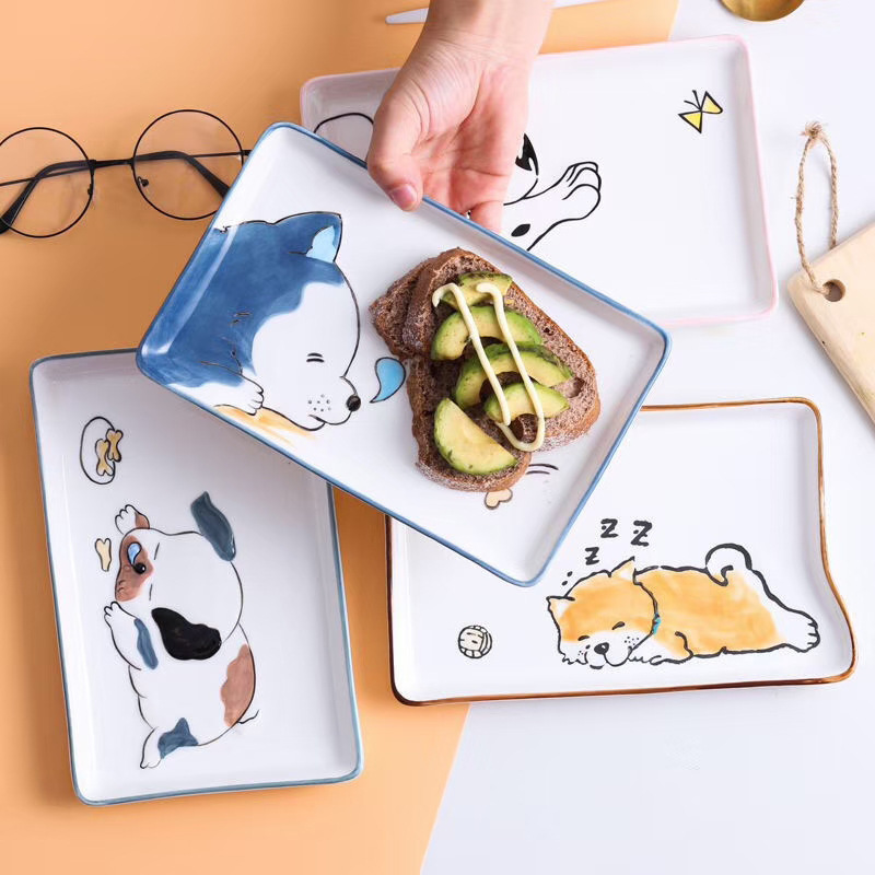 8.5-Inch Adorable Dog Dog Sushi Plate Rectangular Fruit Plate Ceramic Creative Household Dinner Plate Fish Plate Long Plate