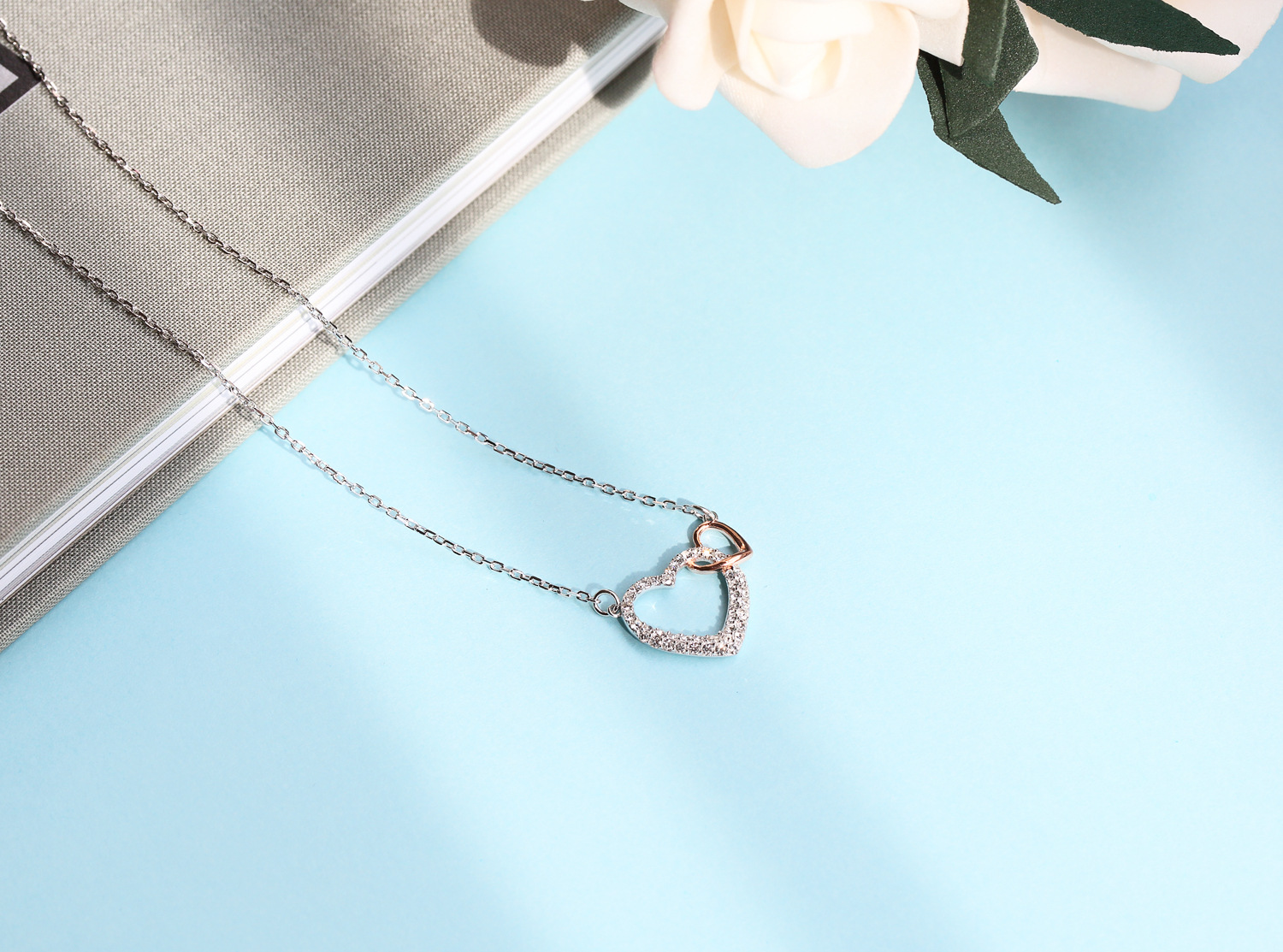 心形项链女s925银项链 s家同款爱心吊坠双色双心项链锁骨链批发