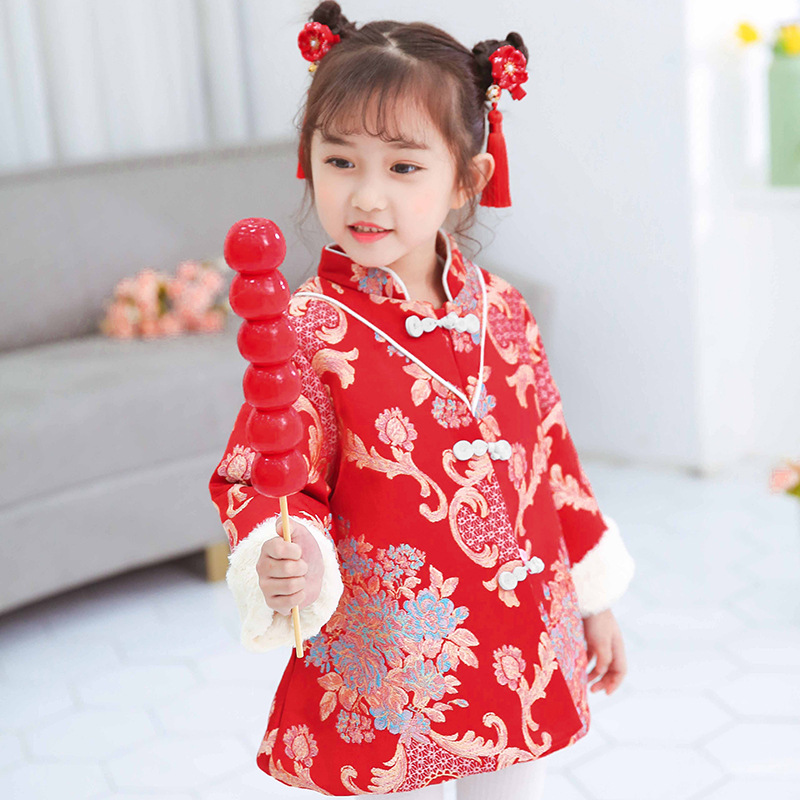 2019儿童冬装民族中国风旗袍裙女童夹棉加厚拜年服新年唐装连衣裙