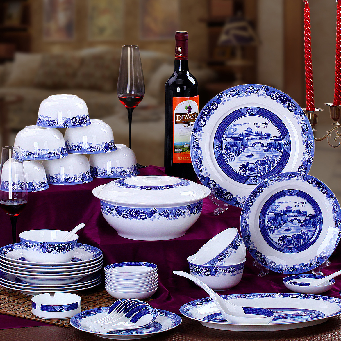 景德镇陶瓷餐具套装 高档骨瓷碗盘 中式青花瓷套装 企业礼品定制