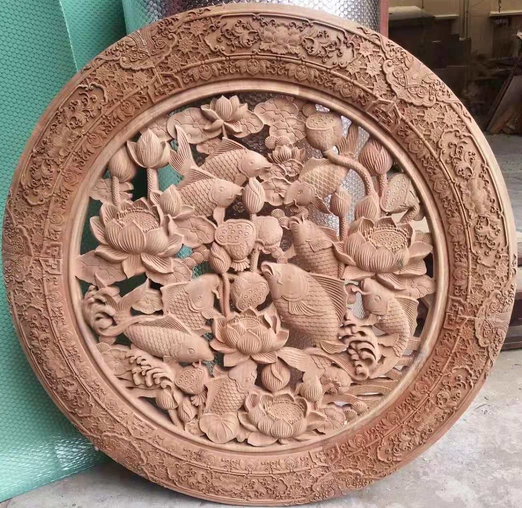 东阳木雕挂件批发 圆形浮雕鱼跃龙门木雕挂件 中国风家居木雕挂件