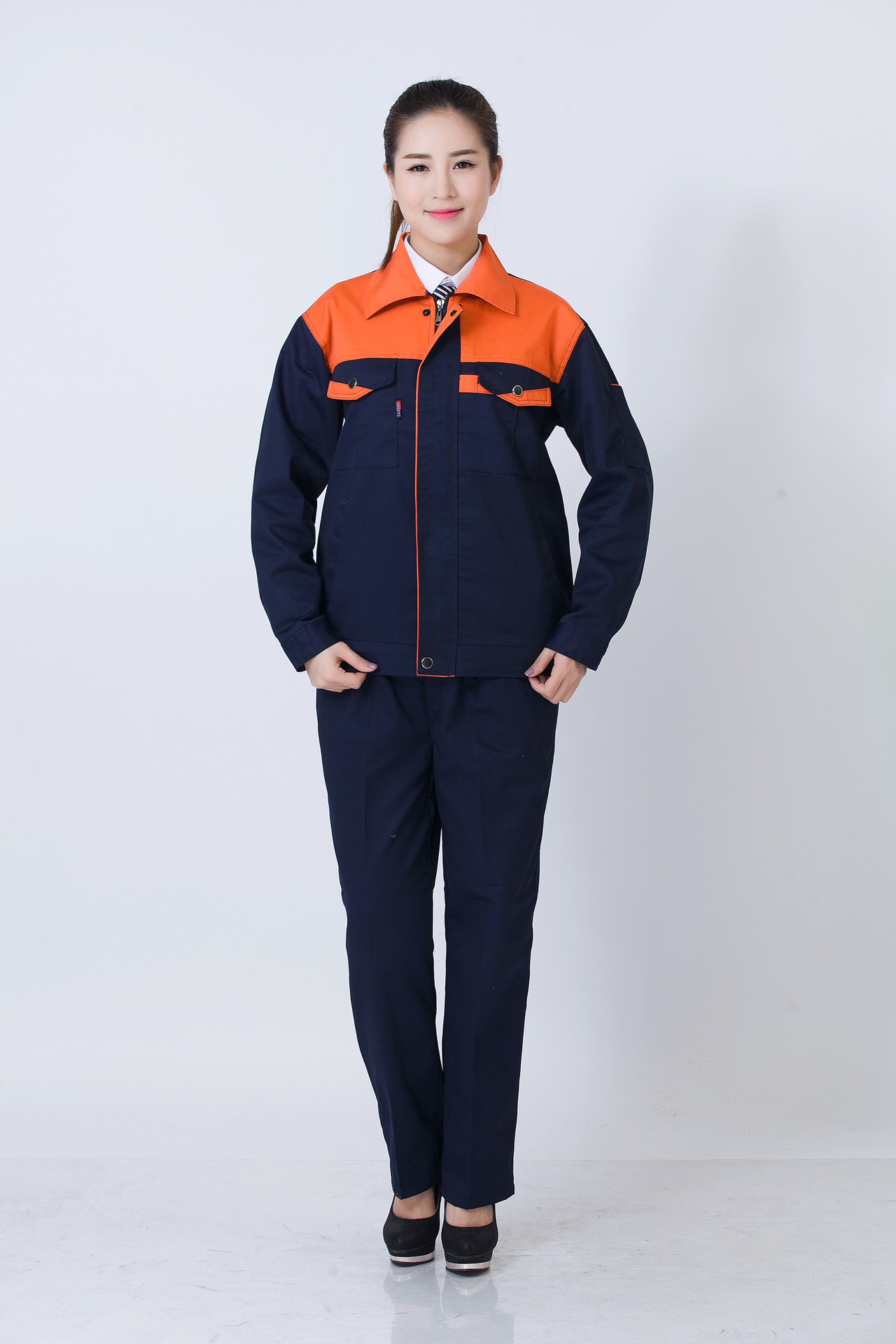 涤棉配色工作服套装春秋长袖工作服套装批发定制工厂车间劳保工作