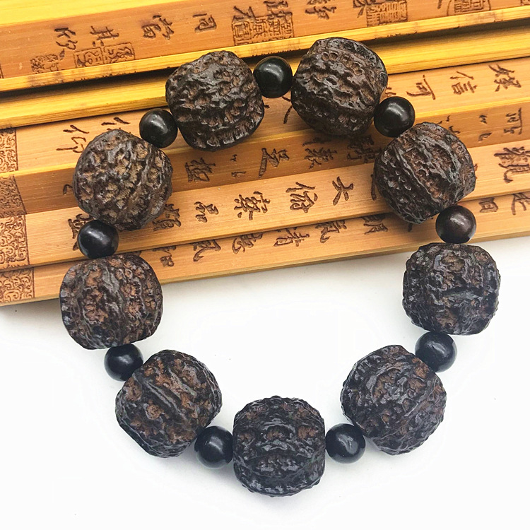 沙尘木雕刻手串 越南沉香木四面佛头桃核2.0木质男士黑色手链
