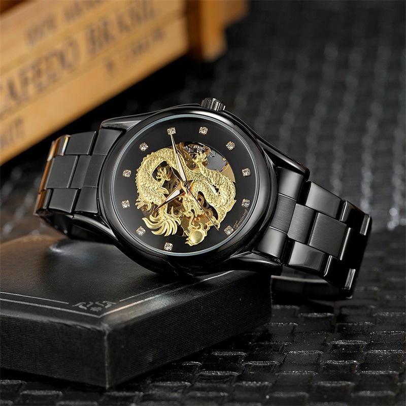 forsining高档男士全自动镂空钢带机械手表商务防水夜光手表龙表