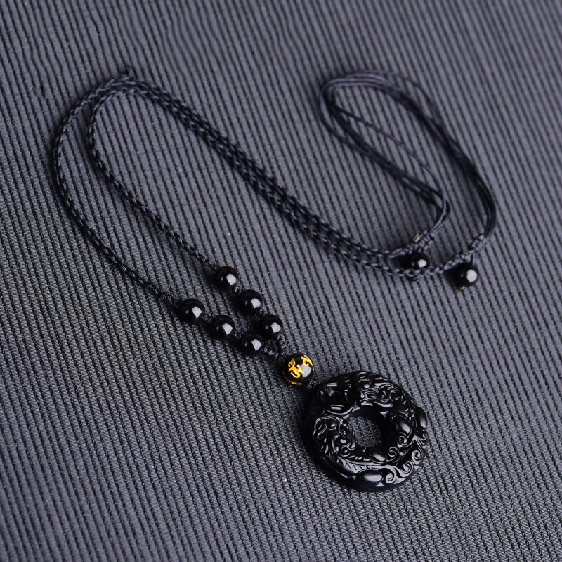 天然磨砂乌金黑曜石双貔貅平安扣圆形圈男女款吊坠挂件水晶批发