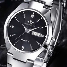 fourron手表男士情侣对表钨钢色薄日历夜光女石英表防水镶钻