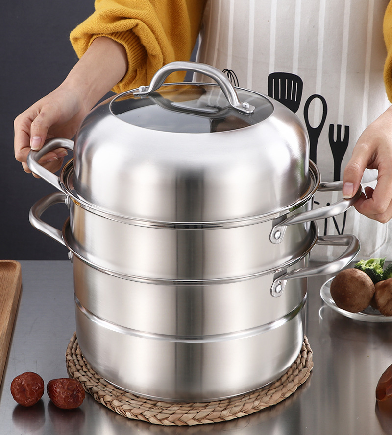 家用电磁炉大蒸锅304不锈钢三层加厚复底双层汤锅蒸笼蒸馒头熬汤