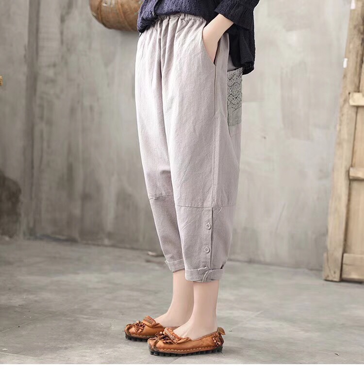 原创夏季亚麻休闲裤女九分裤文艺宽松纯色松紧腰哈伦裤