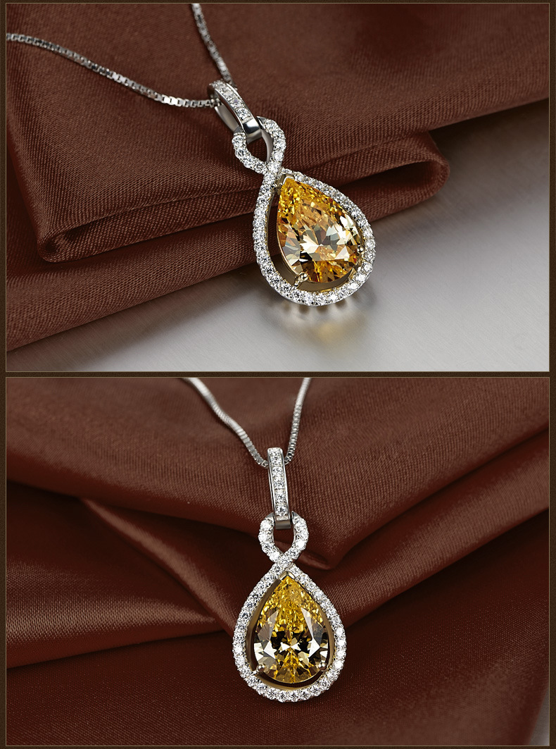 dz074镀铂金春季欧美彩黄水滴梨形仿真大克拉钻石女饰项链吊坠