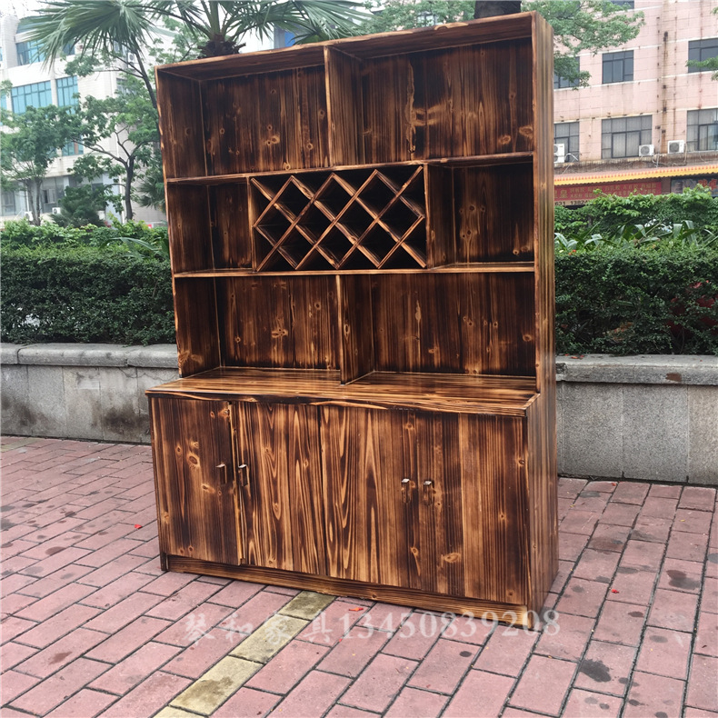 定制实木酒柜杉木炭烧货柜复古炭烧格子酒柜陈列柜火锅店专用柜子