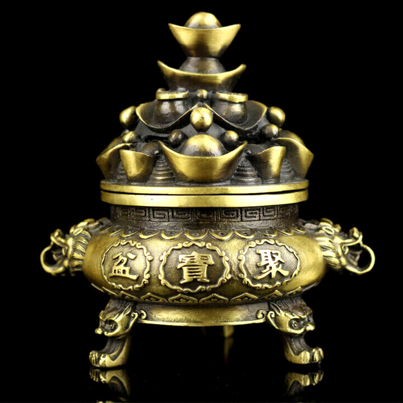 全铜聚宝盆香炉 铜制佛道教佛堂香炉用品龙头元宝仿古薰香炉