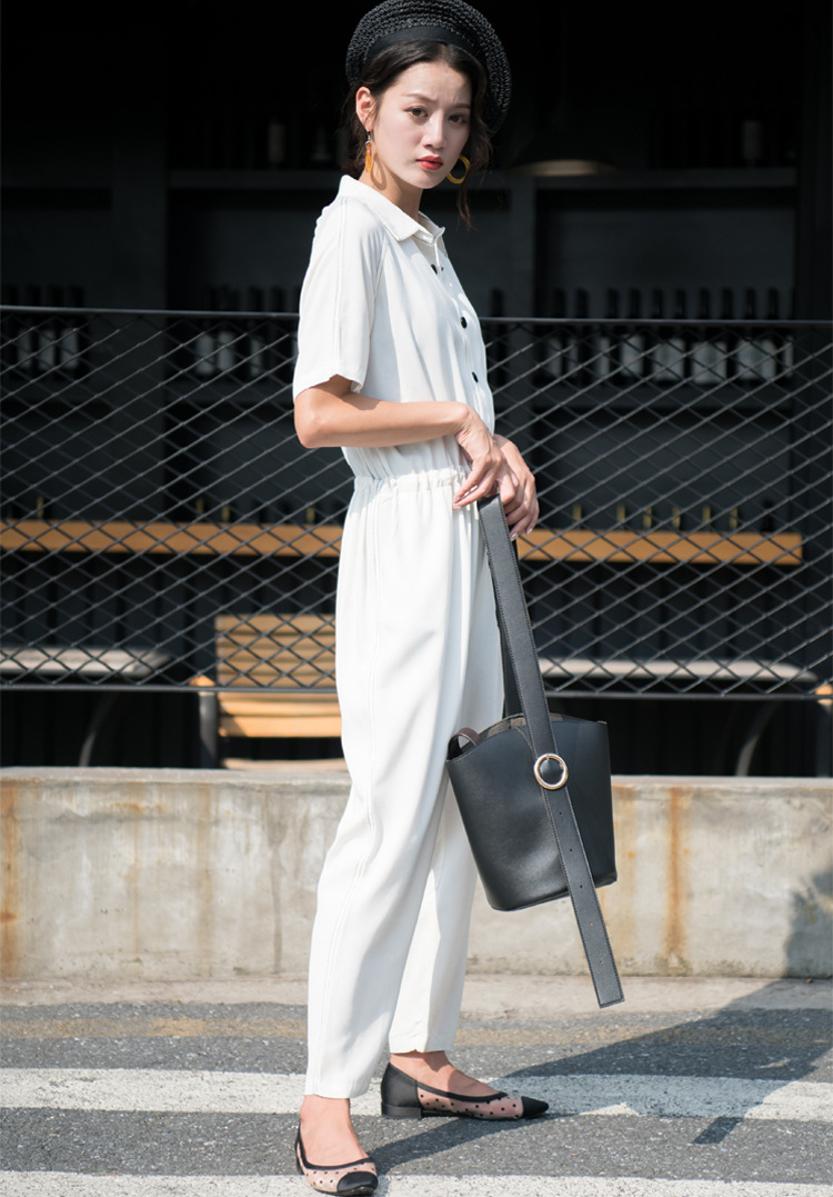 2018新款铜氨丝连体裤女夏装翻领抽绳收腰高腰显瘦插袋连衣裤8101