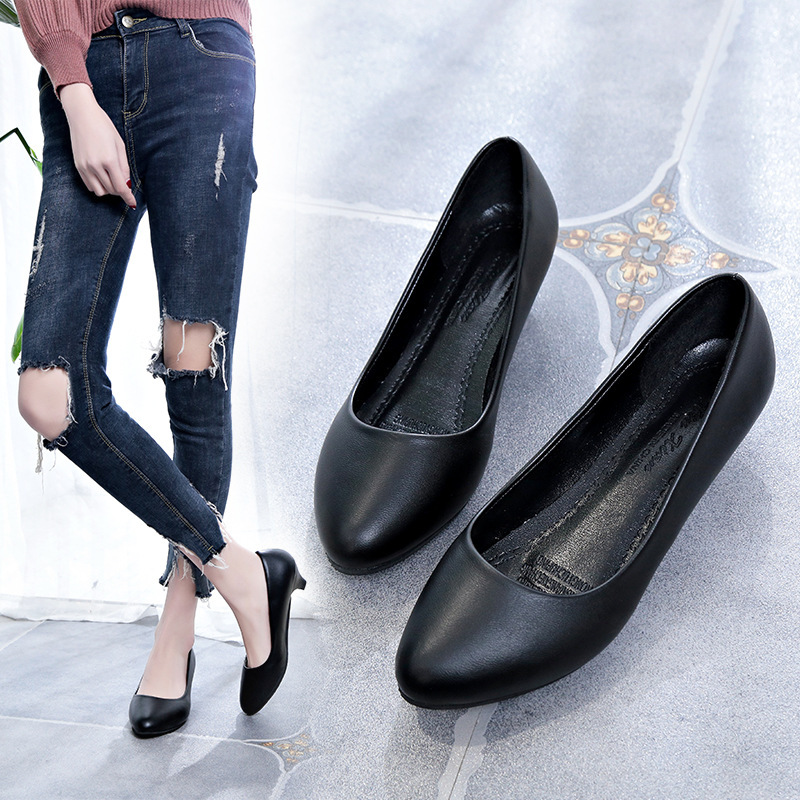 Women's Soft Leather Work Shoes Black Low-Cut Low Heel Leather Shoes Mid Heel Professional Low Heel Workwear Women's Shoes Anti-Pumps