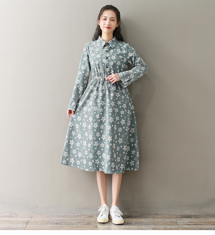 2019秋季新款女装森女系文艺范星星灯芯绒中长款显瘦连衣裙