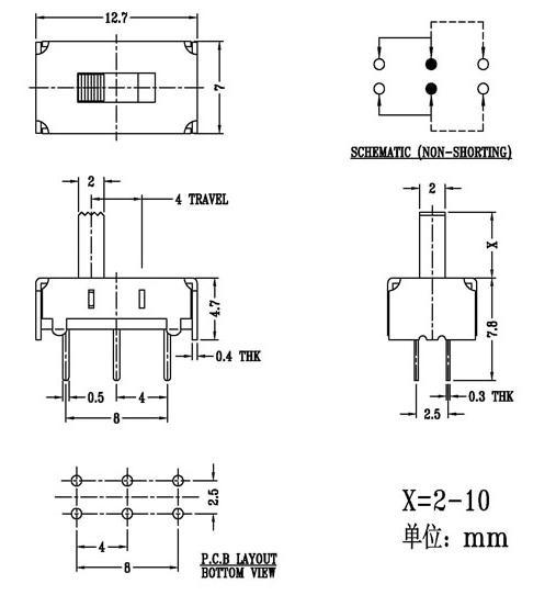 迷你滑动开关2档6脚/小型立式拨动开关2段6针/微型拨码开关两位