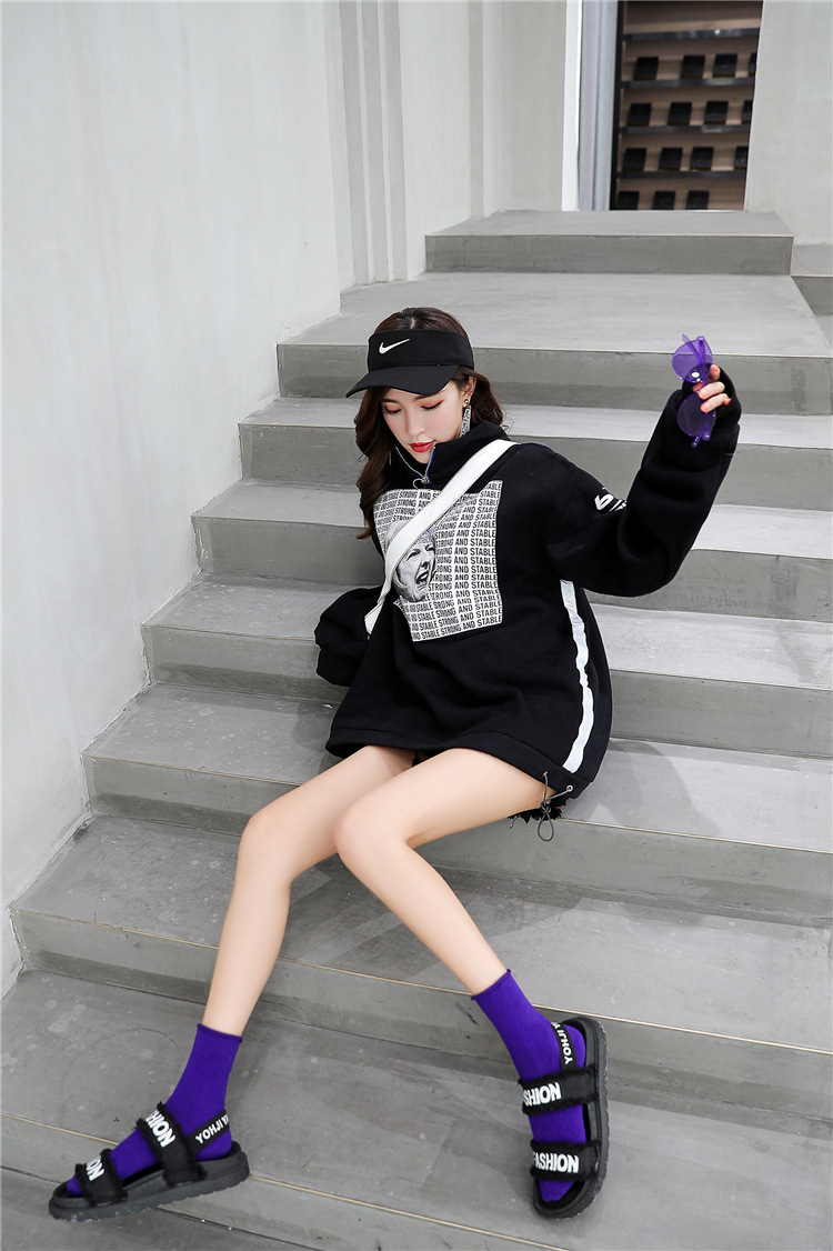 18爆款潮网红堆堆袜跑量卷边全棉女袜中筒紫色短袜子批发日韩跨境