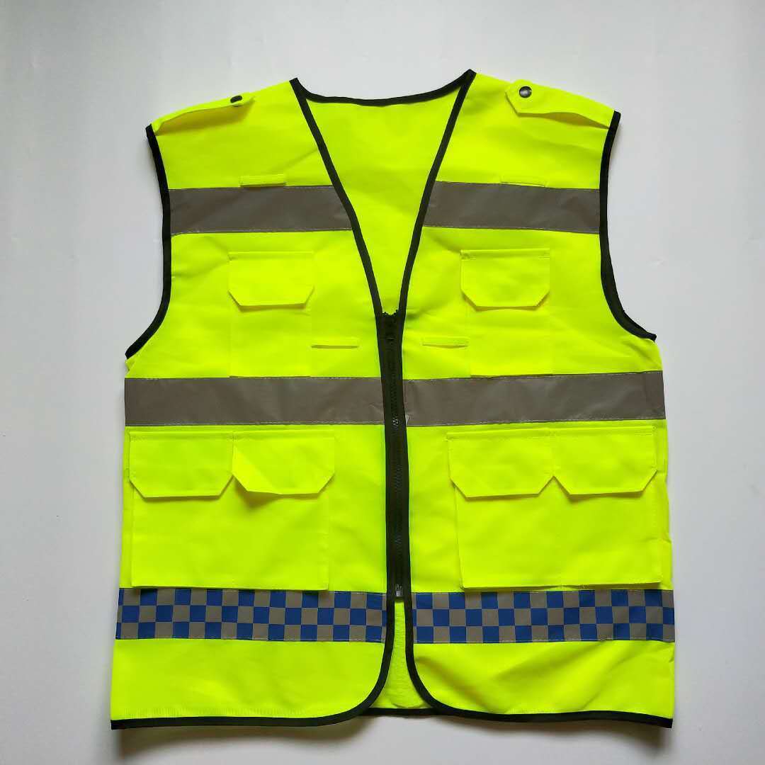 厂家直销多口袋反光马甲衣蓝灰格子花边马夹道路交通指挥安全背心
