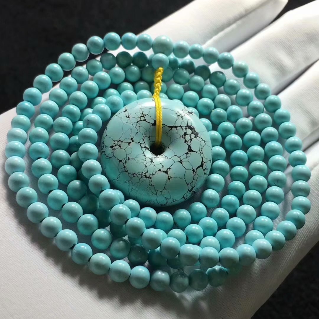 原矿高瓷蓝果冻料圆珠绿松石项链搭配网花面包圈毛衣链 男女项链