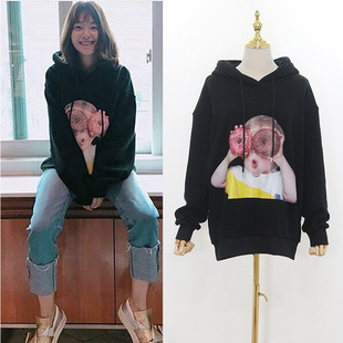2018秋冬新款韩国潮牌甜甜圈女孩男女连帽卫衣套头衫宽松黑色上衣