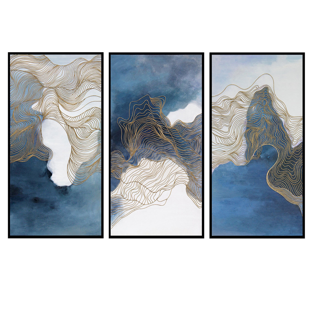 抽象线条客厅装饰画竖版三联画简约现代办公室玄关挂画加框多联