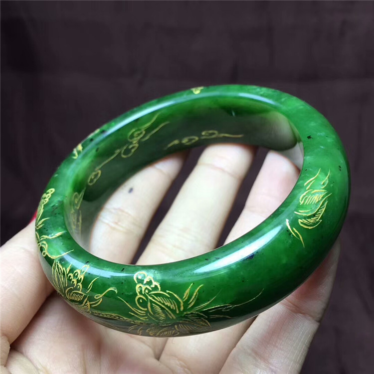 天然和田玉碧玉雕花鎏金手镯花开富贵菠菜绿玉镯女款珠宝手镯