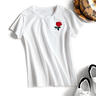 东大门玫瑰花刺绣女短袖t恤新款女士小衫2019夏季上衣女装批发