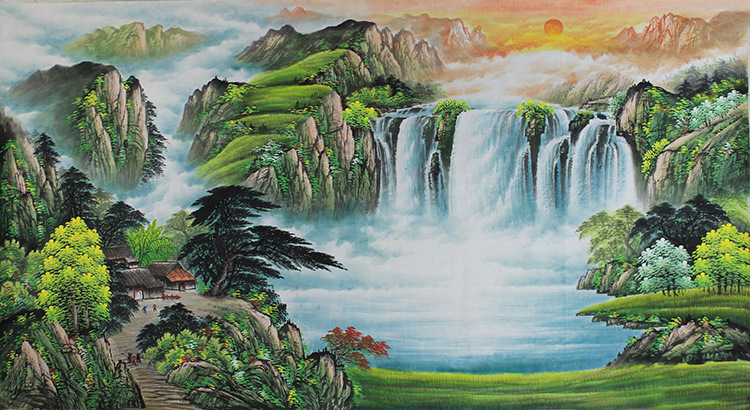 纯手绘山水画风水画大六尺风水靠山风水画聚宝盆客厅装饰画