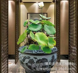青石石雕鱼缸,荷花鲤鱼鱼缸石盆,天然大理石风水平安大石缸