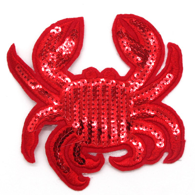 时髦亮片布丁贴 红色螃蟹图案手缝布贴 特色手工diy服装包辅料