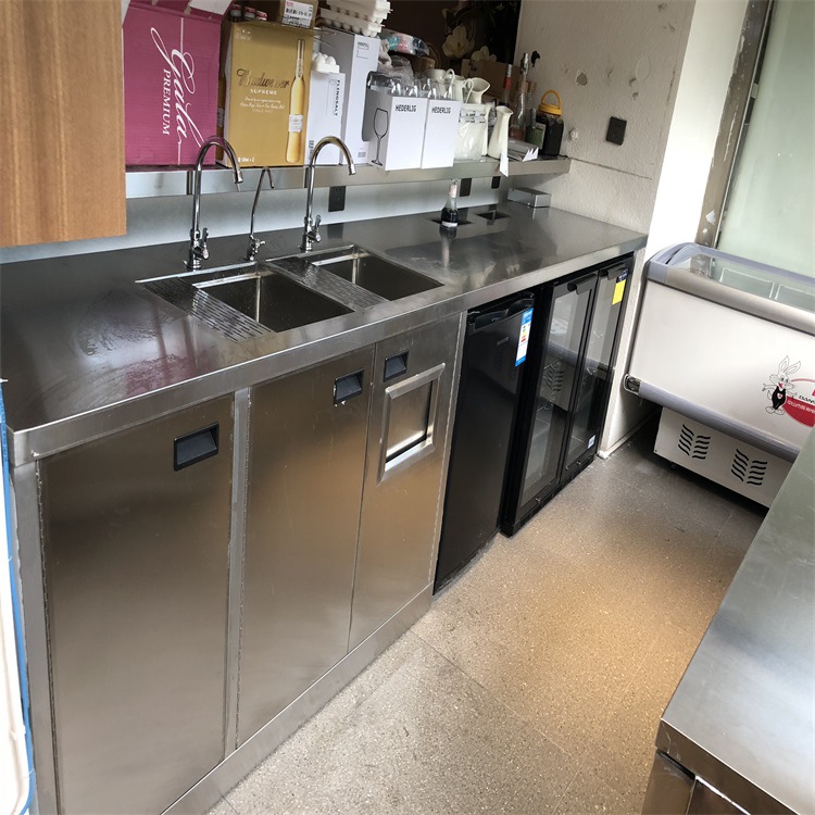 天津水吧不锈钢一体工作台奶茶柜贡茶台冷藏柜
