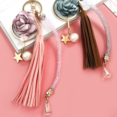 韩国新款甜美花朵丝带蝴蝶结流苏花钥匙扣配件包包挂饰创意礼品
