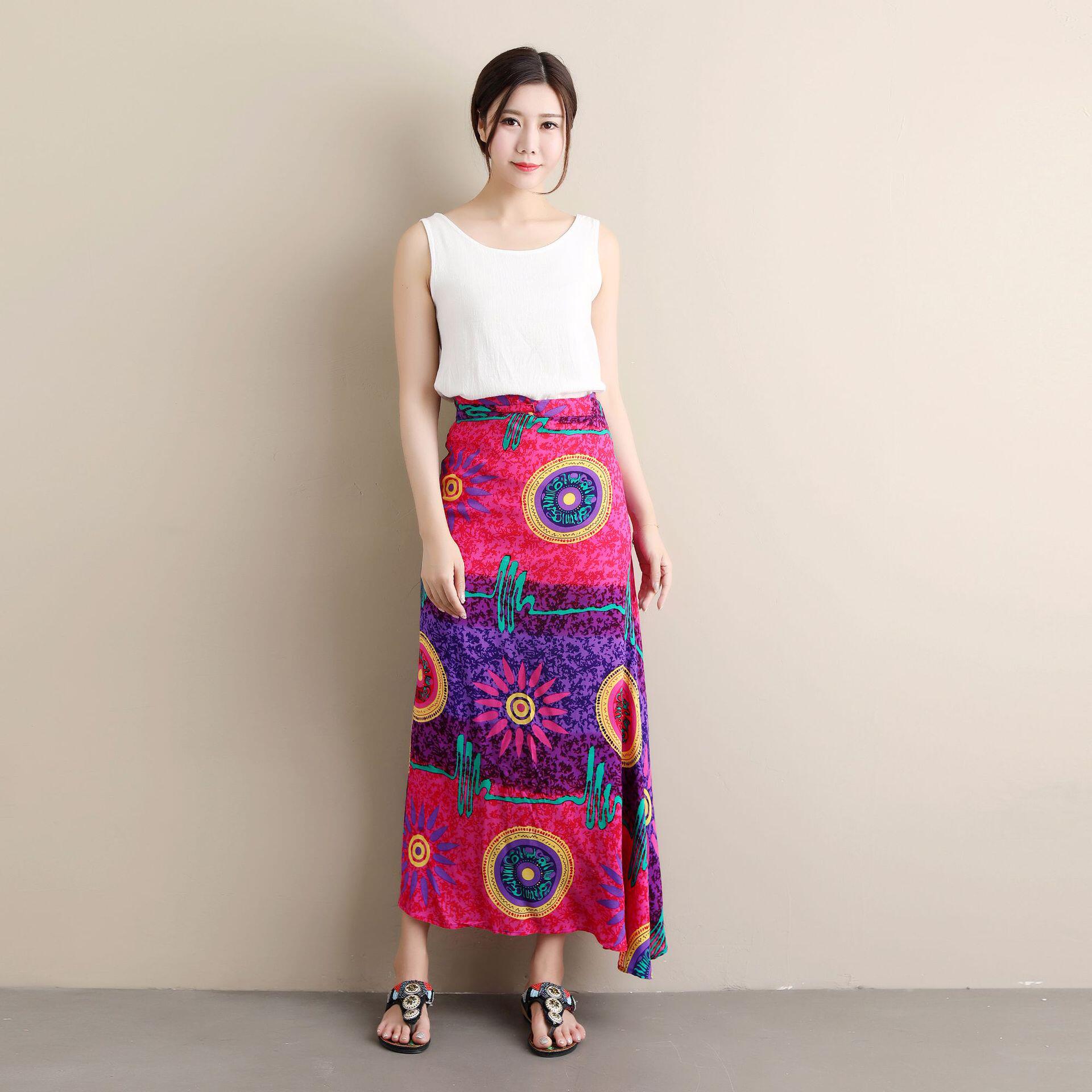 2022夏季裹裙女一片式设计绵绸印花半身裙复古文艺风长裙