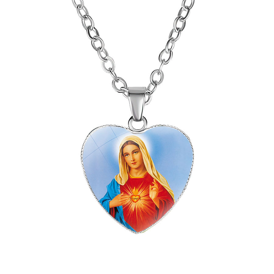 欧美宗教饰品 天主教圣母庆典画像项链 心形吊坠简约颈链锁骨链